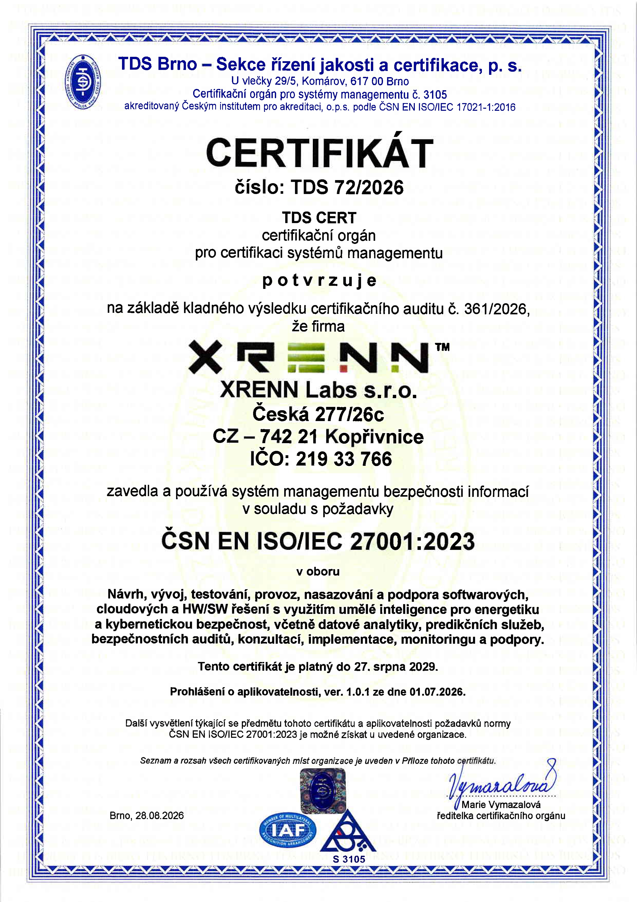 Certifikát ISO 27001