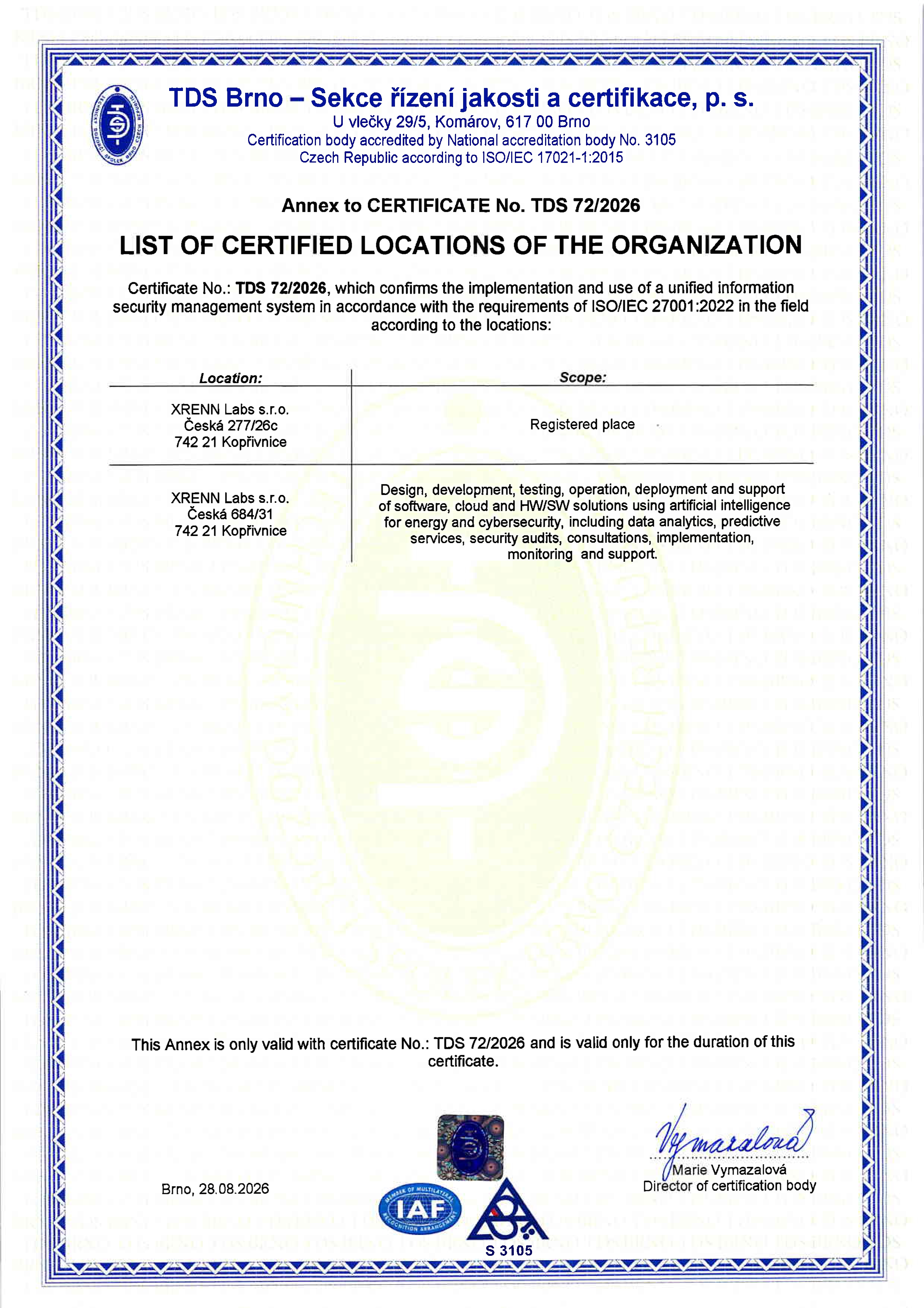 Annex: certified locations and scope